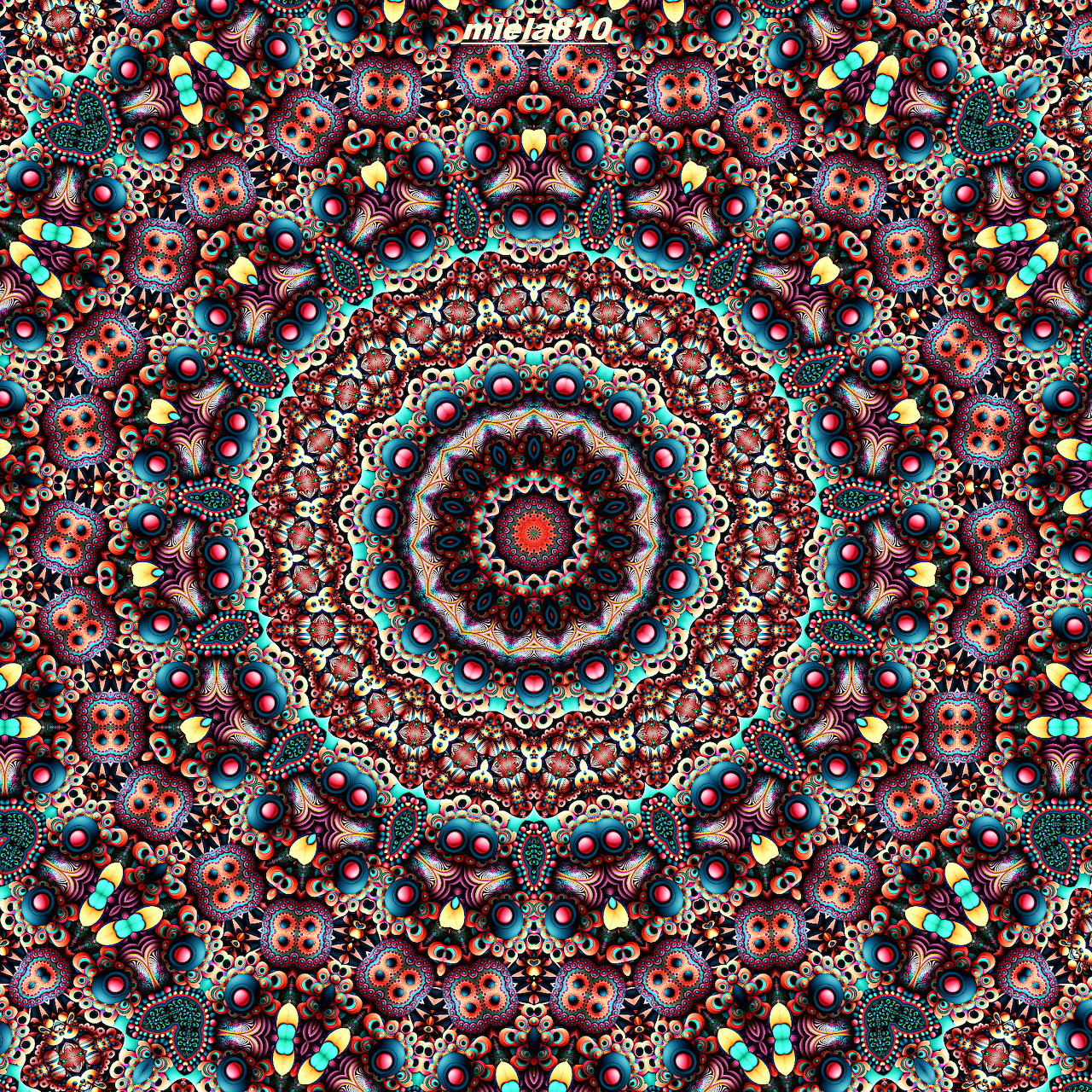 Detailed circular mandala design with ornate repeating patterns in pink, teal, purple, and gold