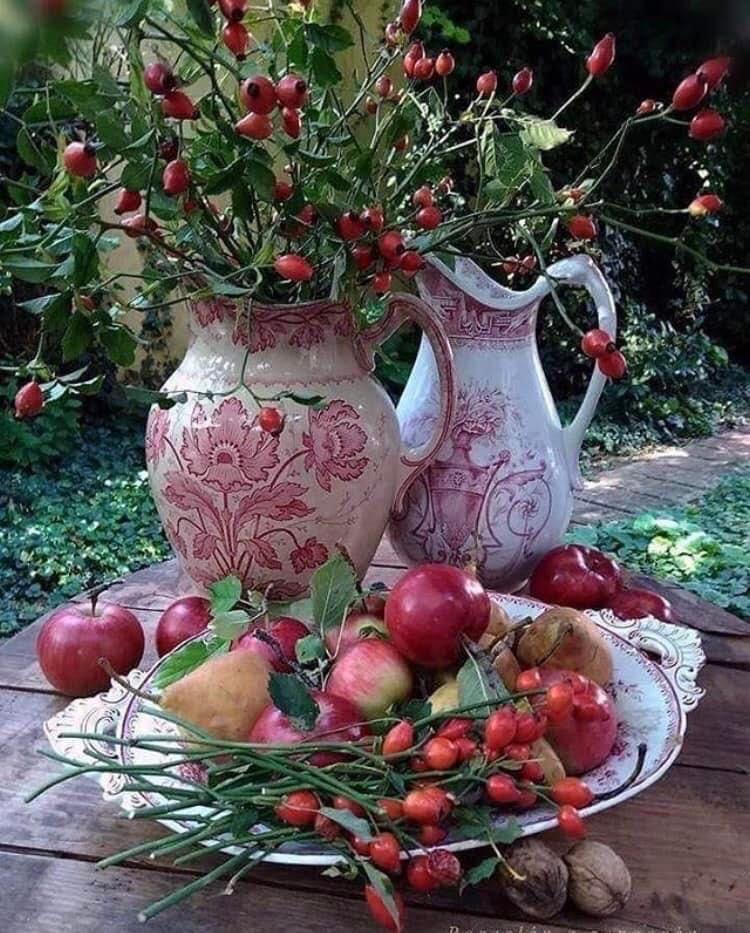 Two red floral ceramic pitchers with rosehip branches beside a plate of apples, pears, and walnuts on a wooden table.