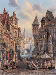 Painting of medieval town square with Gothic buildings, market scene, and people in historical clothing