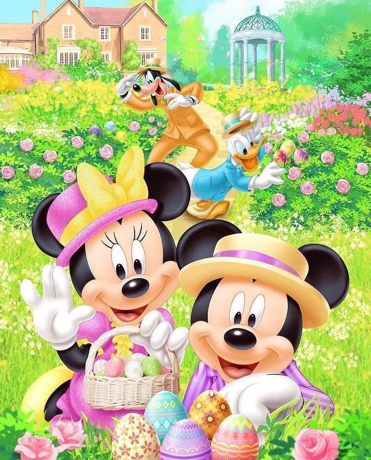 Mickey, Minnie, Goofy and Donald in a vibrant Easter garden with flowers and decorated eggs