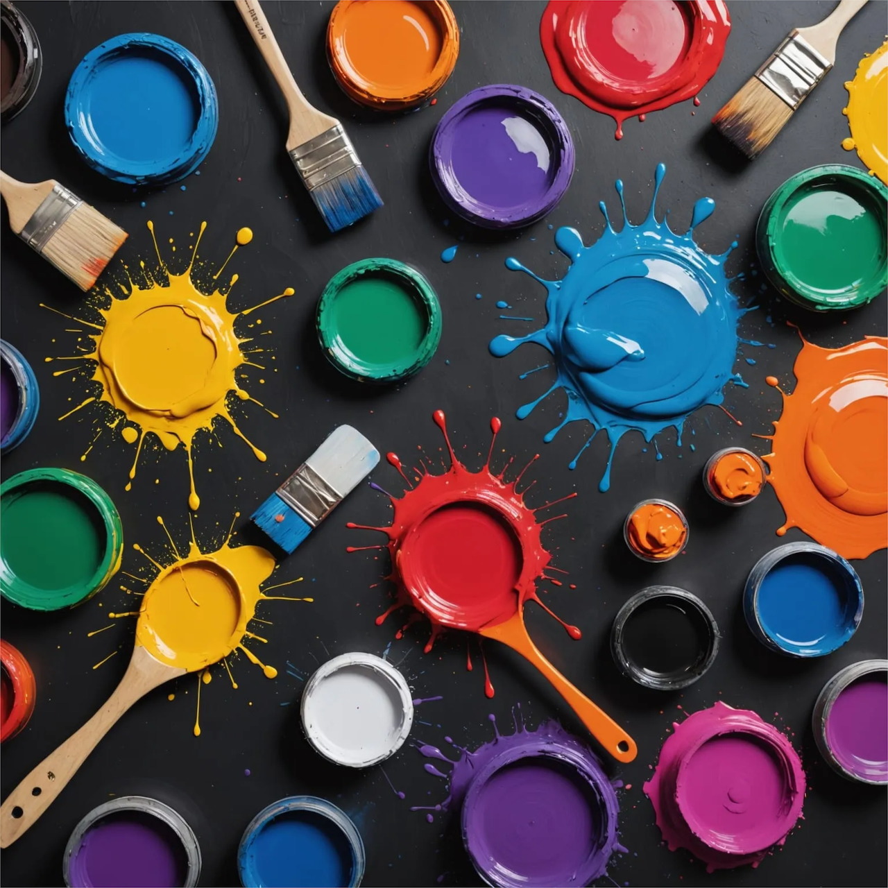 Colorful open paint cans with paint splashes and brushes on a dark background