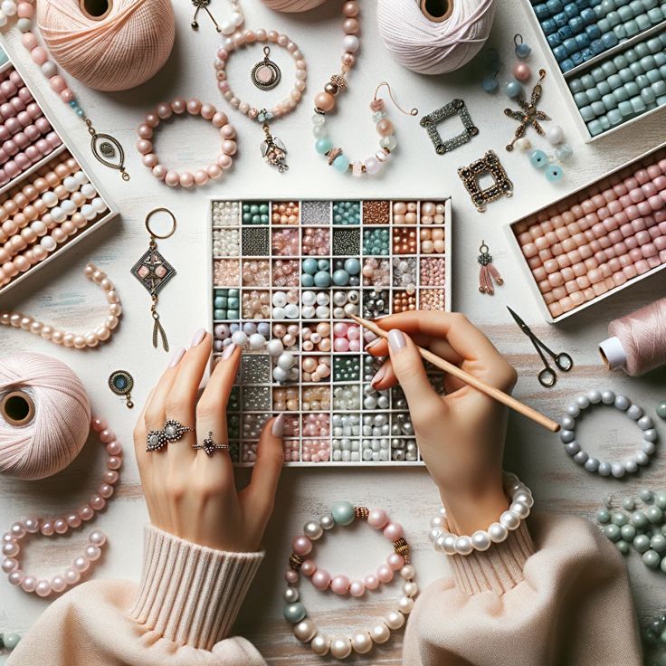 Hands sorting pastel beads in a tray with bracelets, pearls, and jewelry-making supplies