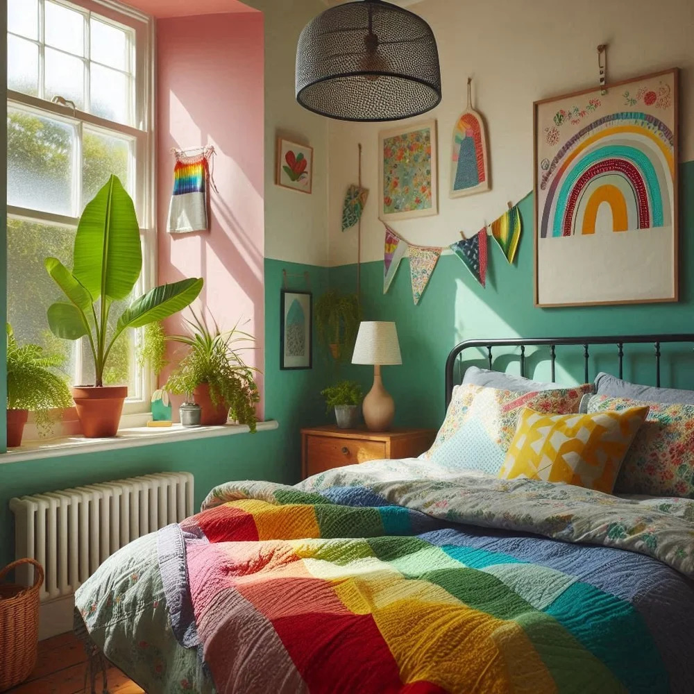 Vibrant bedroom with rainbow quilt, teal bed frame, plants by window, and colorful bohemian decor