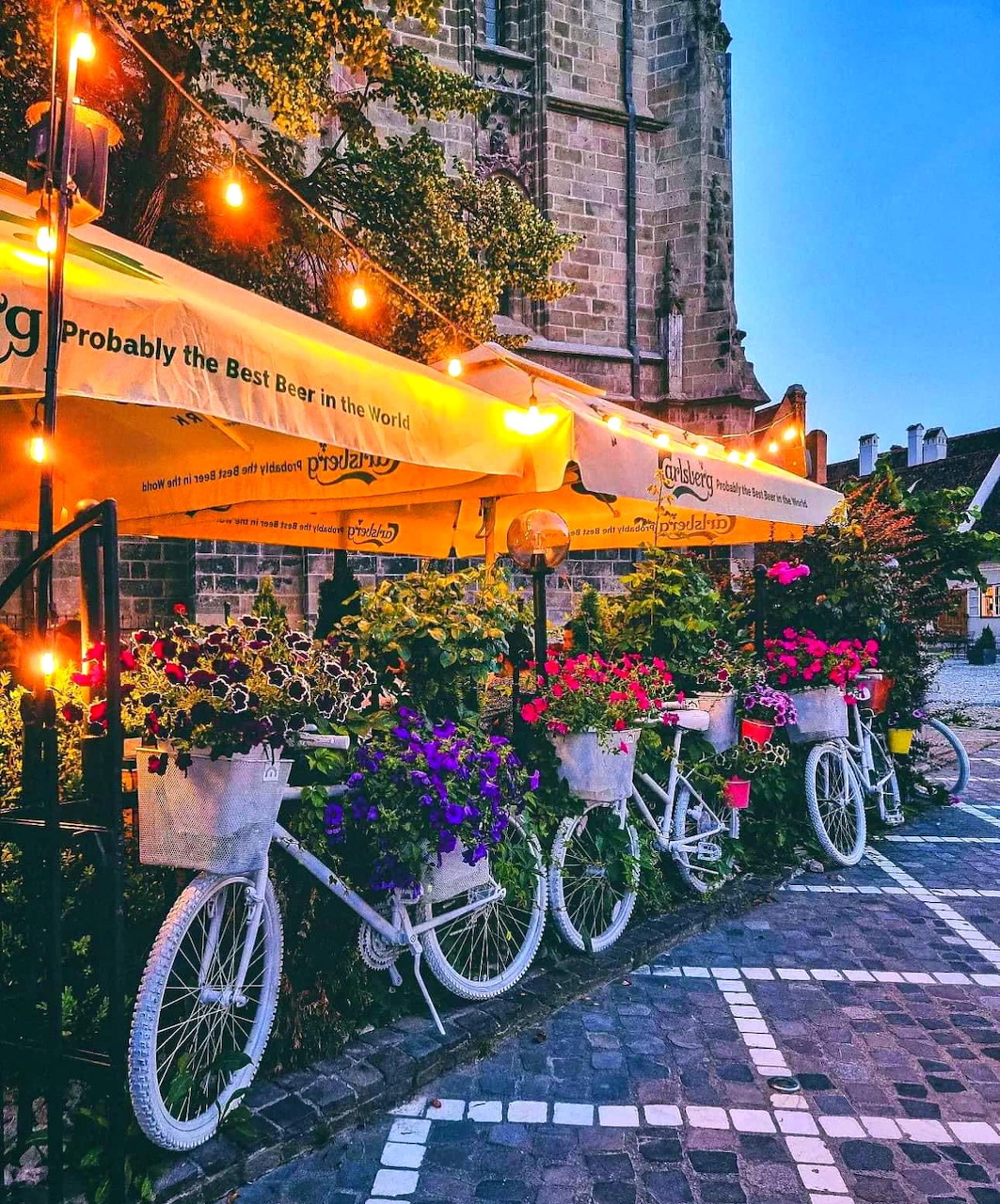 White bicycles with flower baskets lining a cobblestone street at dusk in Brasov, Romania