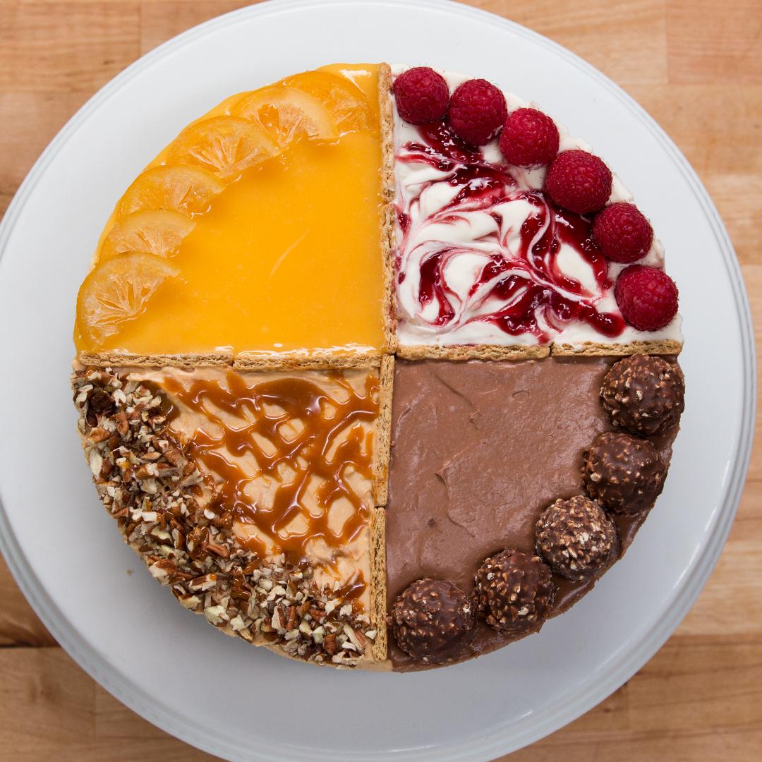 Round cake with four different flavored sections on white plate
