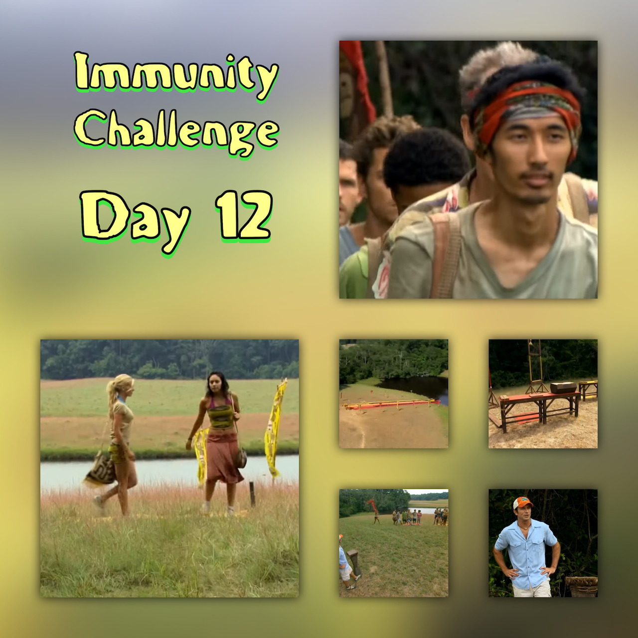Collage reading 'Immunity Challenge Day 12' with several small outdoor photos of people in a grassy challenge setting