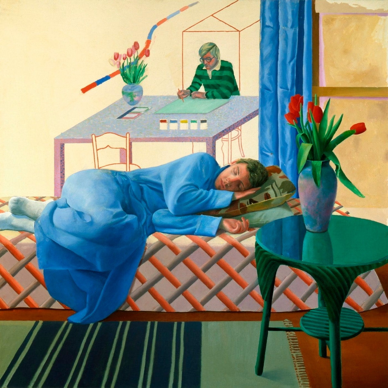 Colorful interior painting with two figures, blue curtains, checkered bedding, and flowers in Hockney style