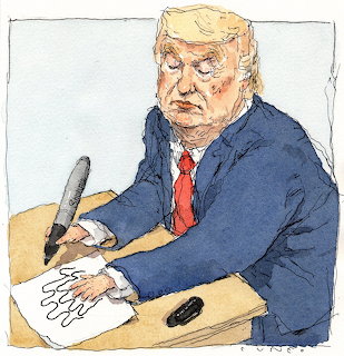 Caricature of Donald Trump at a desk drawing a large hand outline on paper