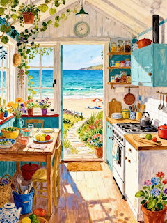 Sunlit cottage kitchen with ocean view through open door, wooden table, flowers, and vintage stove