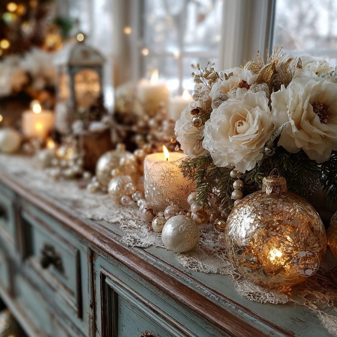 White roses, candles, and Christmas ornaments arranged on a shabby chic wooden sideboard