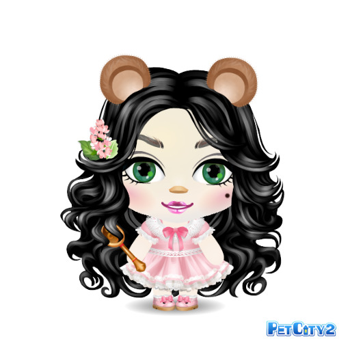 Cartoon doll girl with black curly hair, green eyes, pink dress, and bear ears on a white background