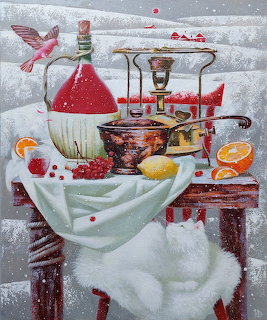 Winter still life painting with red bottle, fruit, bowl, and glassware on a table by a snowy window