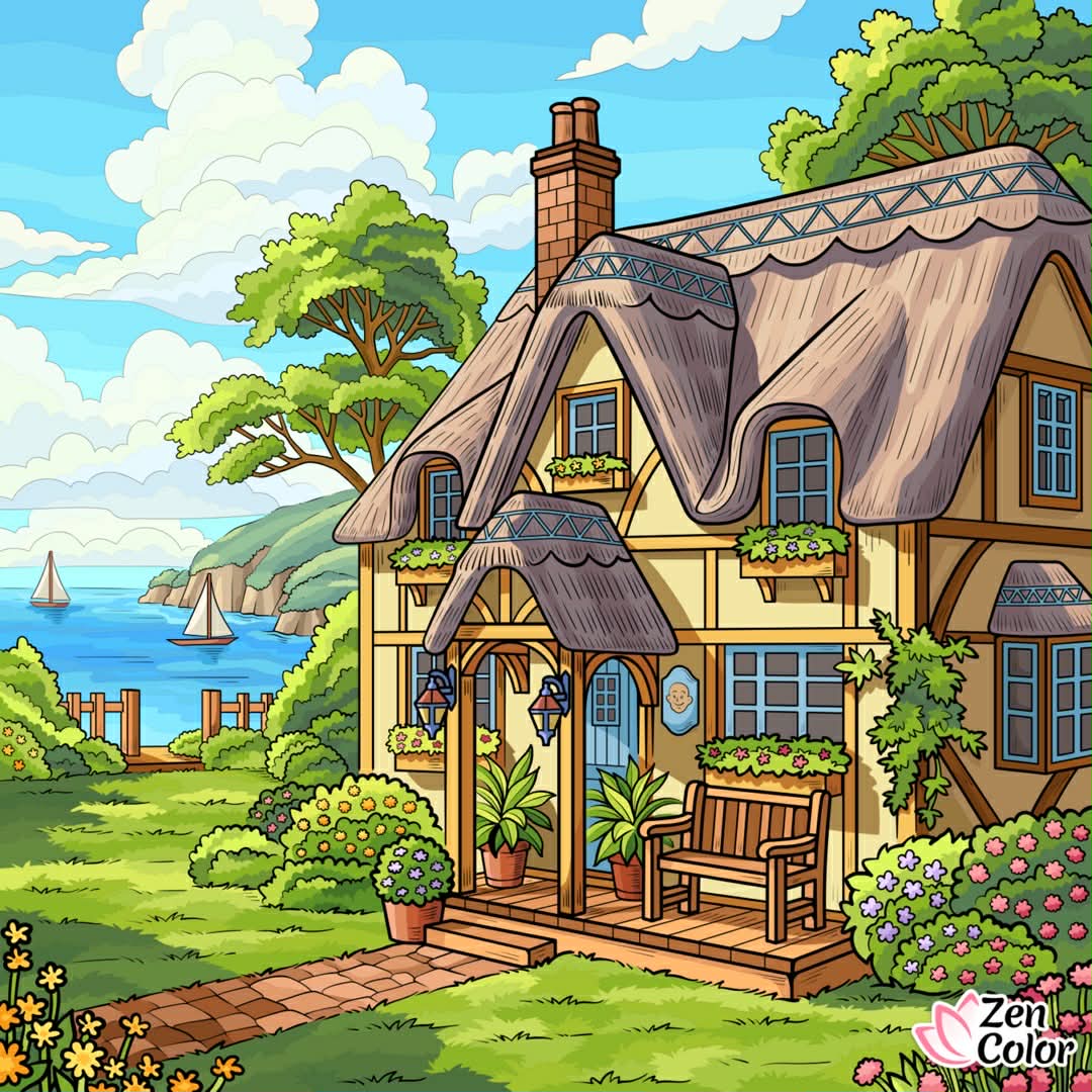 Illustrated thatched cottage with flowers, garden path, and ocean view