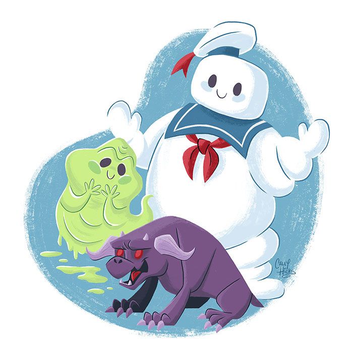 Cartoon white marshmallow ghost with a green ghost and purple creature on a blue patch