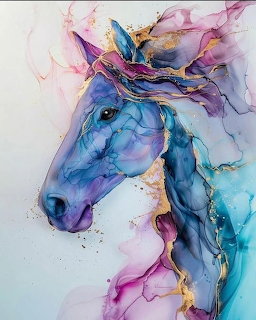 Watercolor horse portrait with blue, purple and pink flowing colors and gold accents