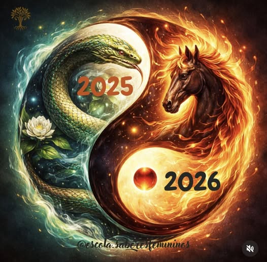Fantasy yin-yang illustration with a snake, a fiery horse, and the numbers 2025 and 2026