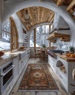 Rustic white kitchen with arched window, wood ceiling beams, open shelves, and a patterned rug