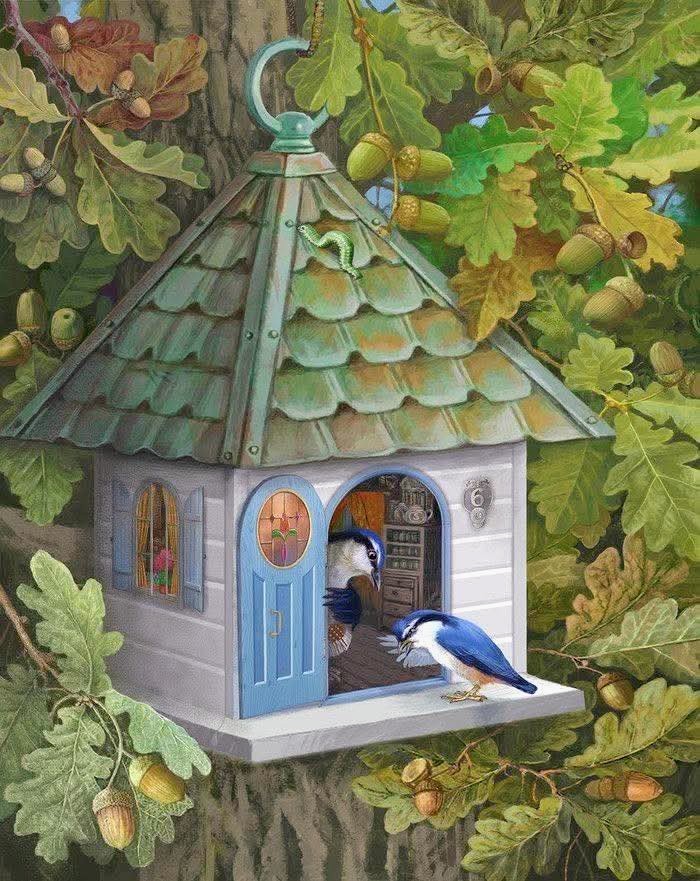 Illustrated birdhouse among oak leaves with two blue jays and acorns
