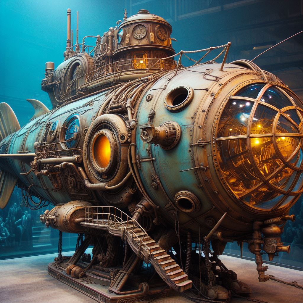 Detailed steampunk submarine with brass pipes, portholes, and glowing lights