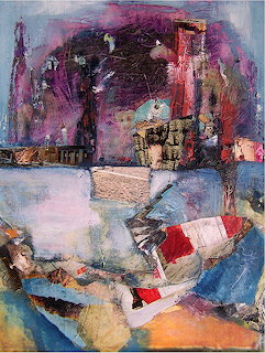Abstract expressionist painting with purple, pink, and blue brushstrokes and textured layers