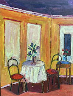 Oil pastel painting of yellow-walled room with table, chairs, and flowers in warm tones