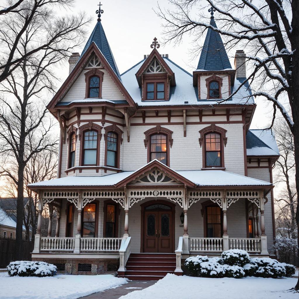 White Victorian mansion with dark trim and turrets in snowy winter landscape