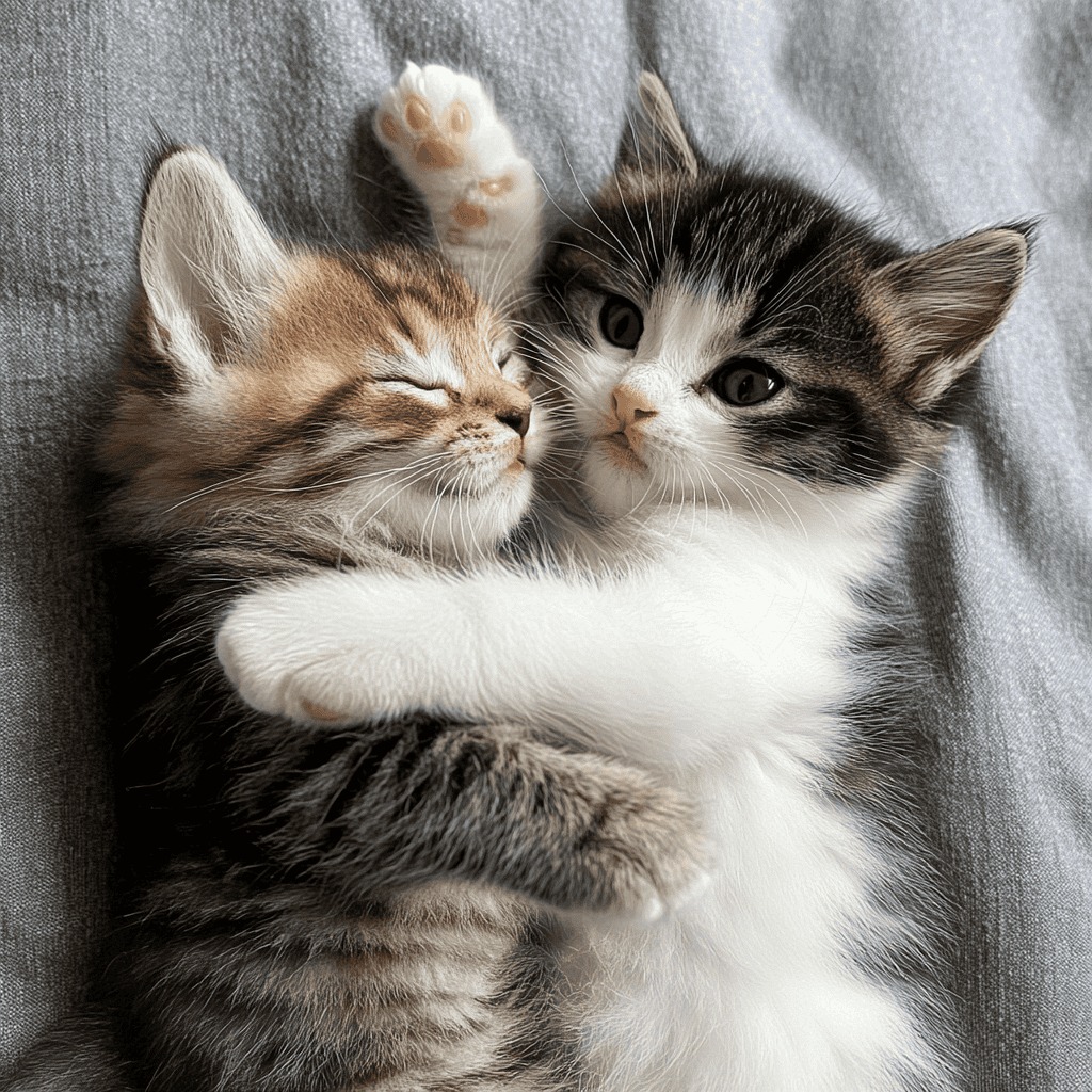 Two young kittens, one orange tabby and one gray and white, cuddling closely on a gray fabric background