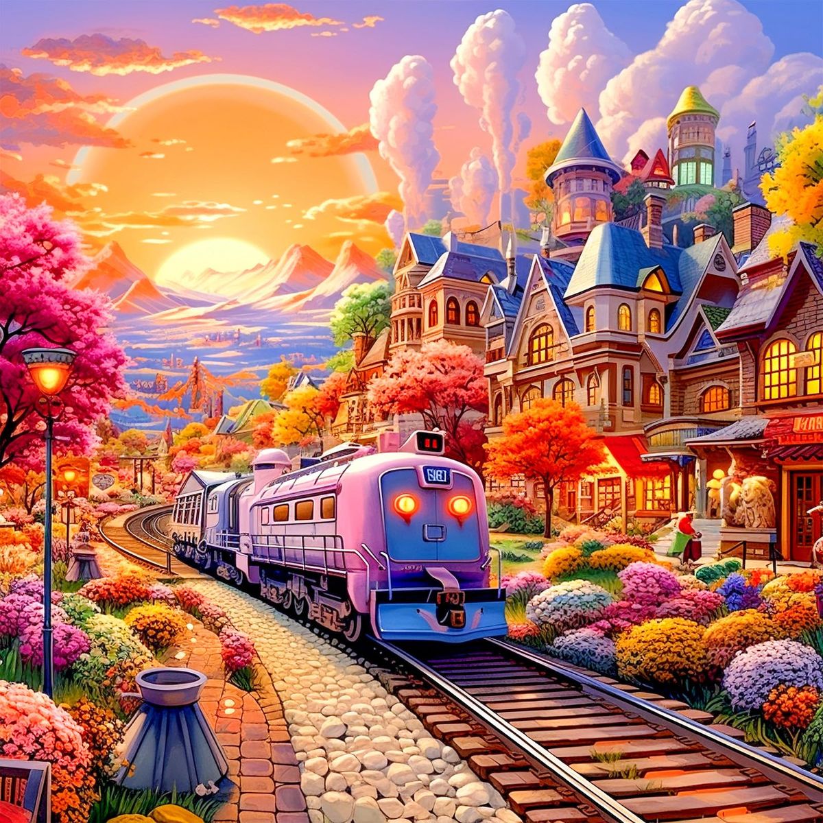 Colorful fantasy village scene with blue train passing through flower-lined path at sunset near ocean