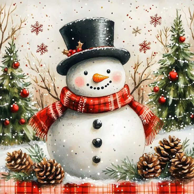Snowman wearing top hat and red scarf with Christmas trees and pinecones in snowy setting
