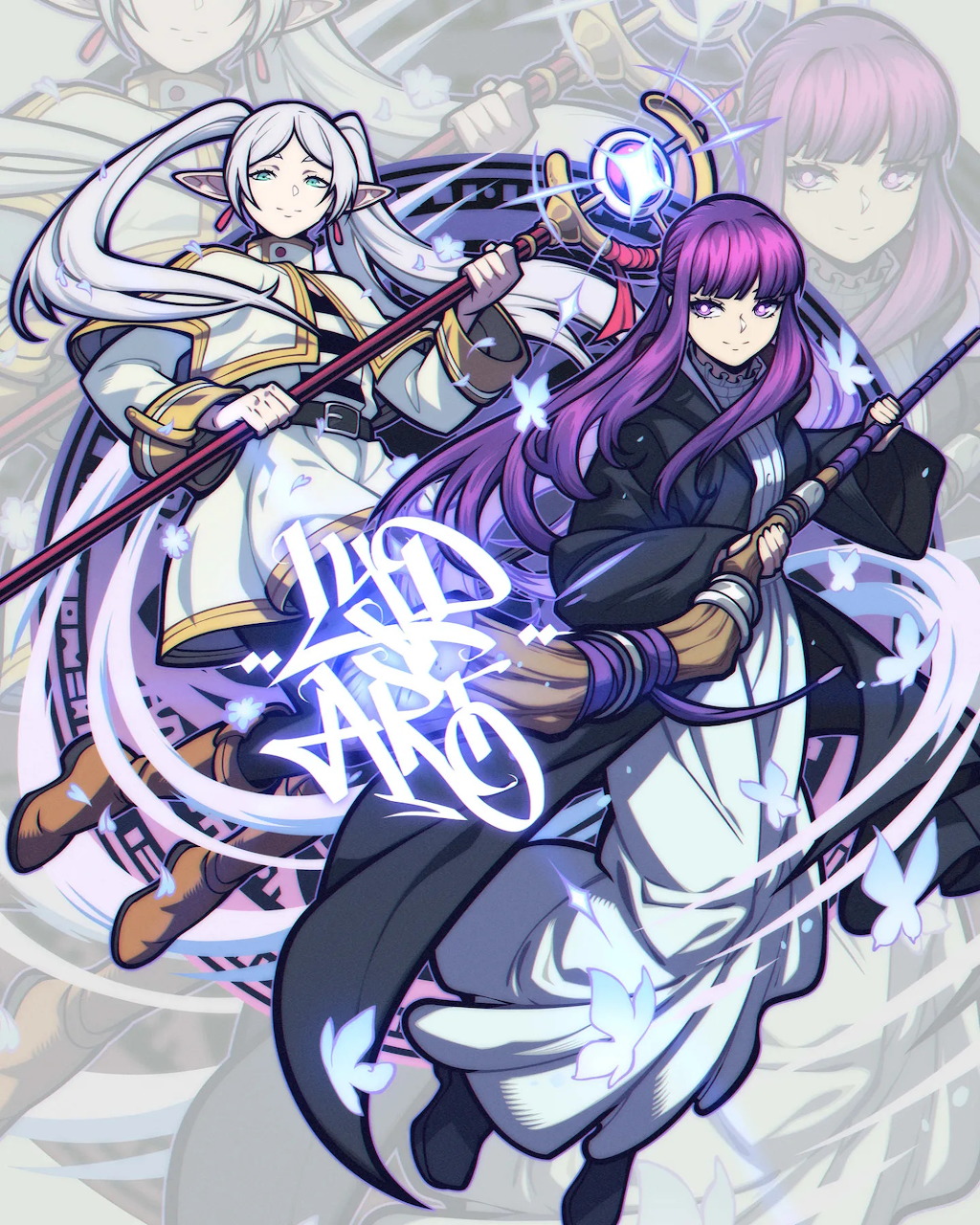 Frieren, white-haired elf mage from anime, portrait illustration