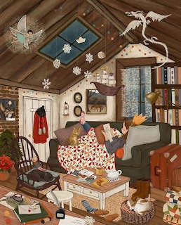 Person relaxing with book on couch in cozy cabin interior with wooden ceiling and home decor