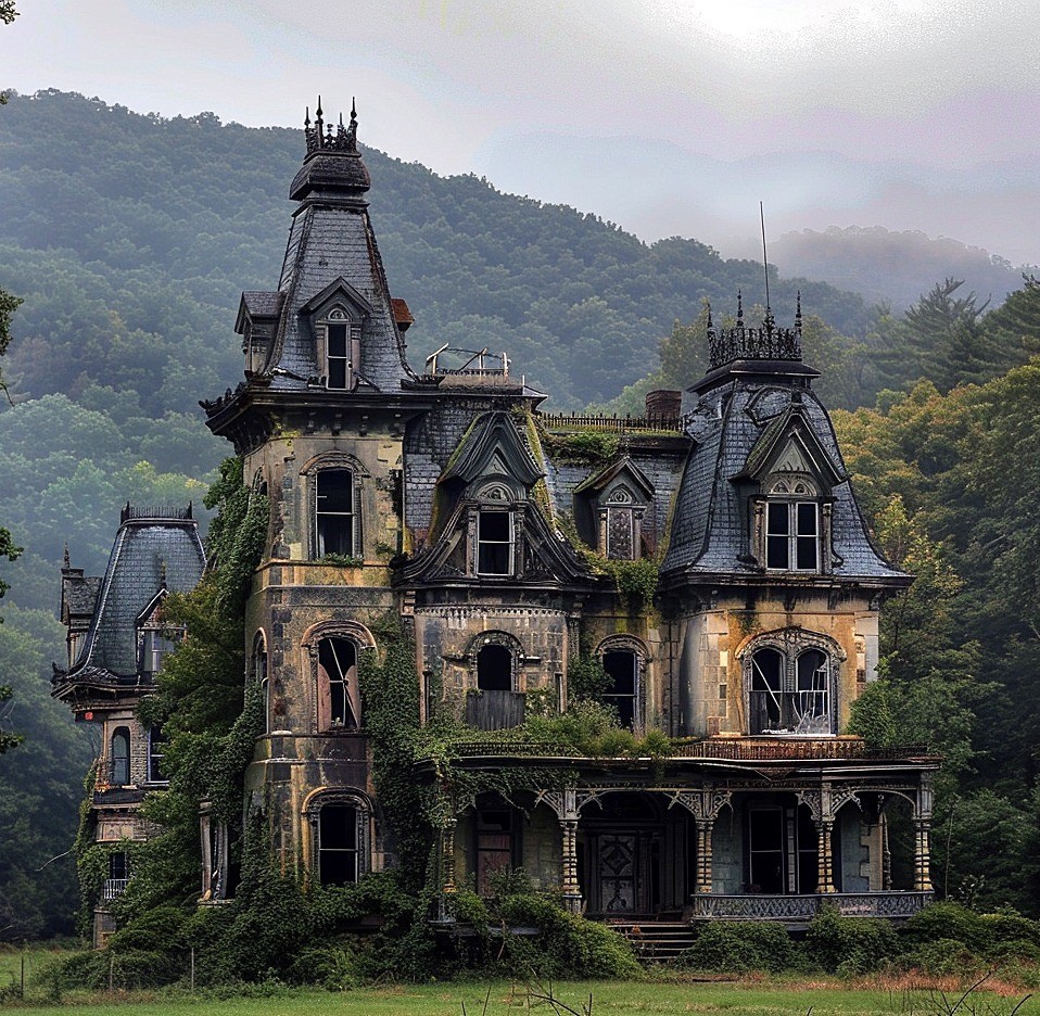 Deteriorating Victorian mansion with towers and ornate windows, overgrown with vines, set against forested mountains