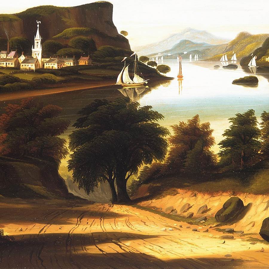 Landscape painting of lake with sailboats, mountains, village church, and sunlit trees in warm tones