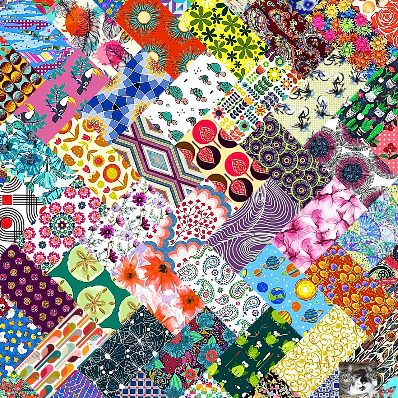 Colorful patchwork collage with various patterns including flowers, geometric shapes, dots, and abstract designs