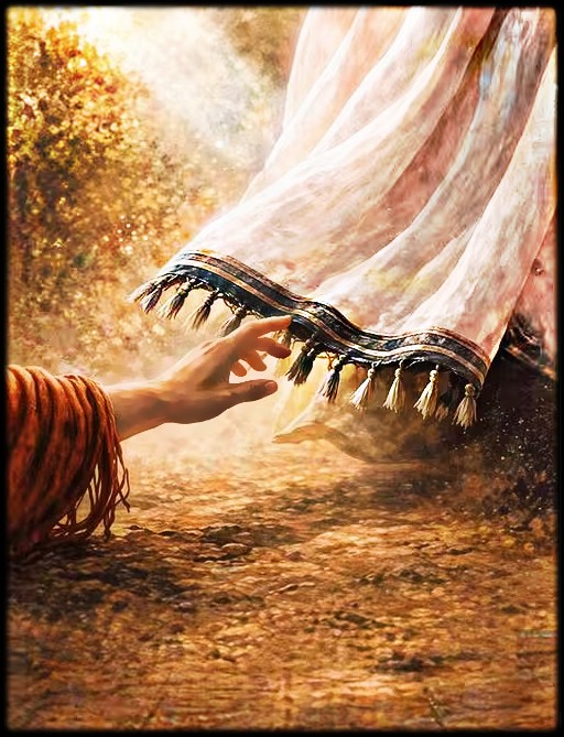 Painting of a hand reaching to touch the hem of Jesus' robe on a sunlit path