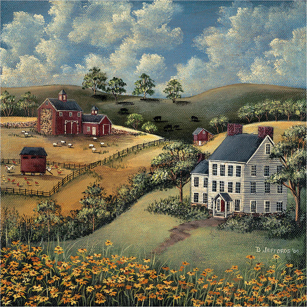 Folk art painting showing a farmhouse, barn, and sunflower fields under a cloudy sky