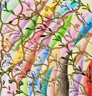 Colorful parrots and tropical birds sitting on tangled branches with flowers