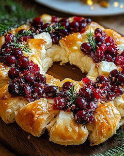 Baked cranberry brie puff pastry wreath garnished with rosemary on a wooden board