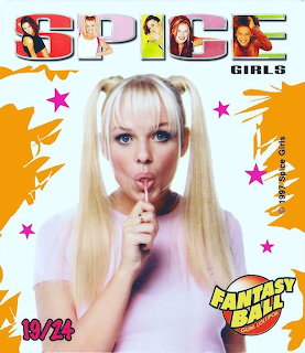 Emma Bunton of the Spice Girls with blonde pigtails holding a lollipop on a collectible card