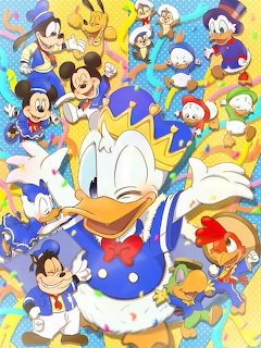 Colorful Disney cartoon collage featuring Donald Duck, Daisy, Mickey Mouse, Goofy, and the duck nephews