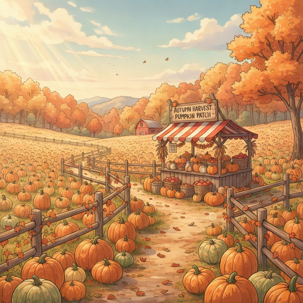 Illustrated pumpkin patch with farm stand, autumn trees, and mountains in warm fall colors