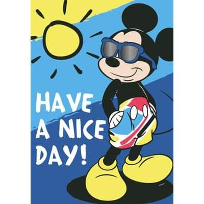 Mickey Mouse wearing sunglasses and holding a beach ball with sun in background