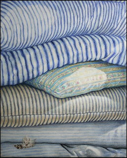Painting of stacked striped pillows in blue and white tones with soft fabric textures