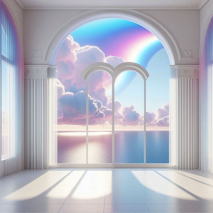 Ethereal arched window overlooking pastel rainbow sky and ocean in minimalist white room