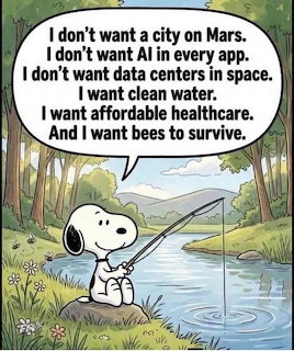 Snoopy cartoon character sitting by lake with fishing rod, speech bubble expressing environmental and healthcare concerns