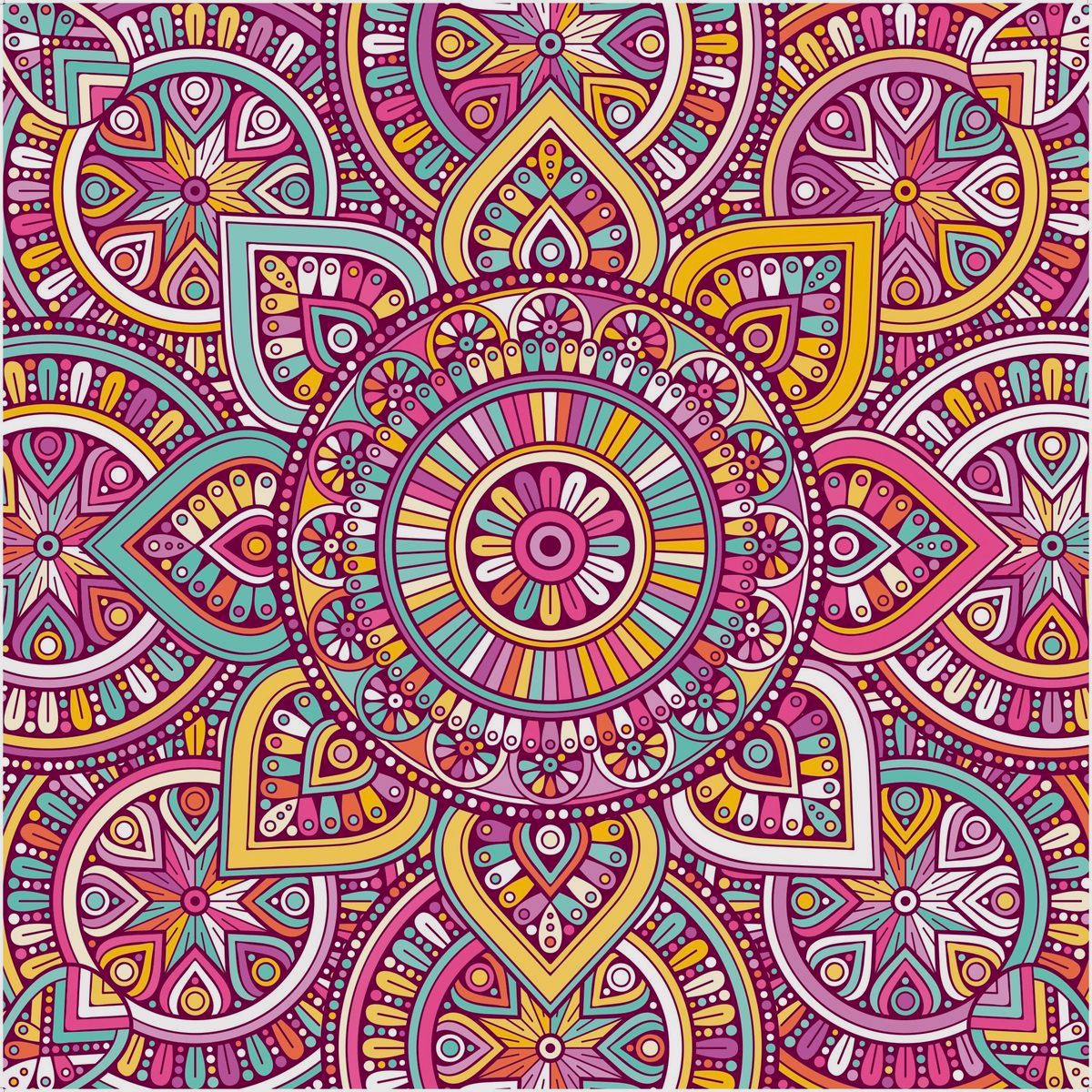Colorful mandala with pink and yellow geometric patterns in radial symmetry