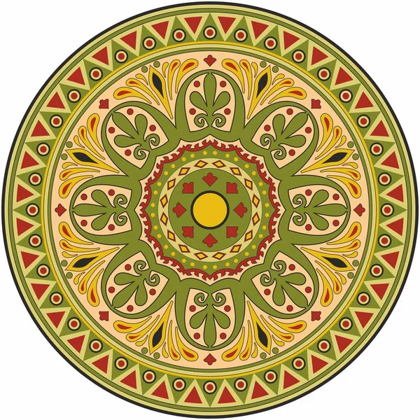Circular mandala with symmetrical golden floral and geometric patterns on green and red background