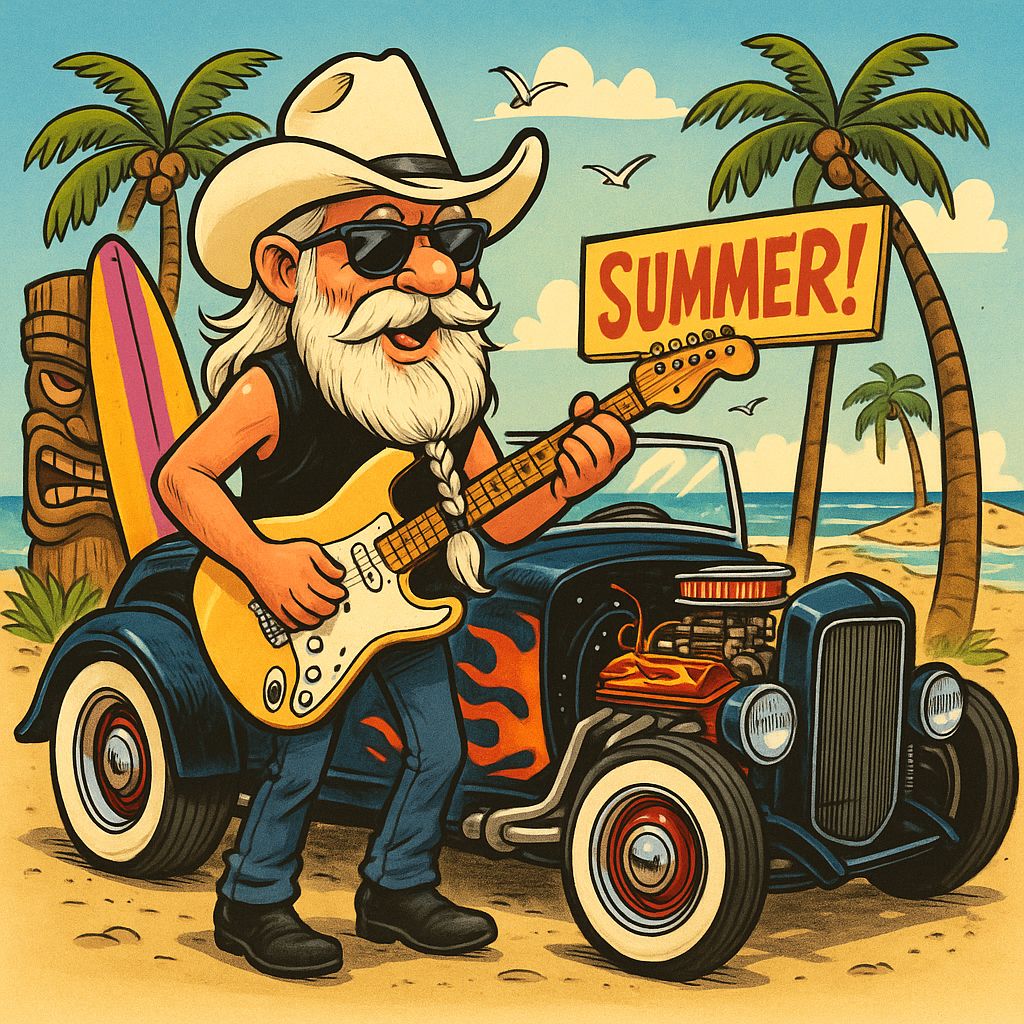 Cartoon bearded man playing guitar beside a hot rod on a tropical beach