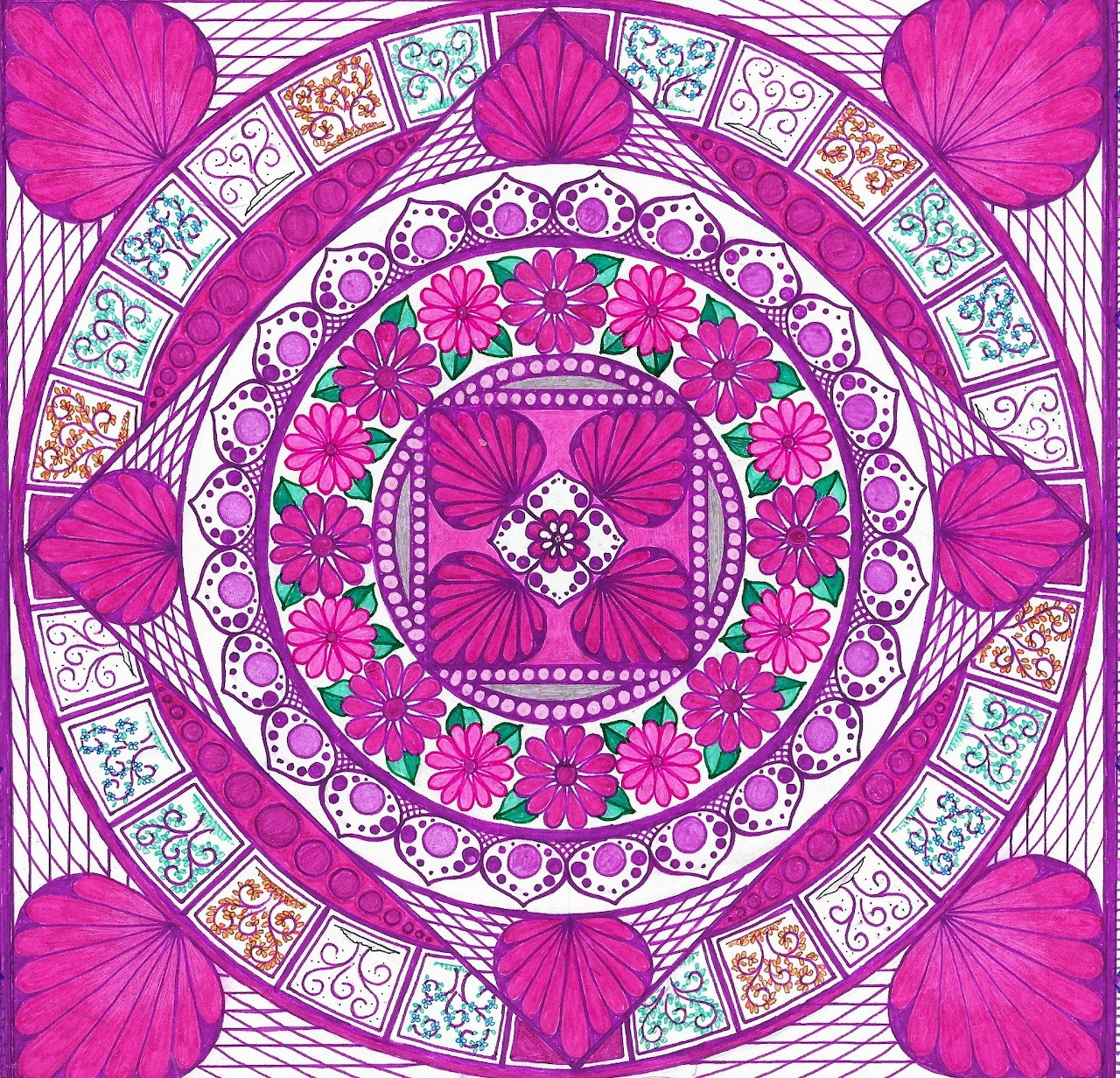 Circular mandala with zentangle patterns, magenta flowers, and intricate geometric ornamental design in pink and purple