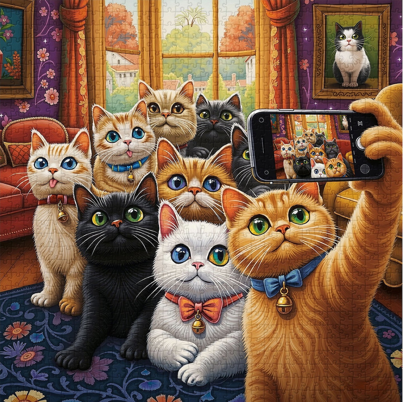 Group of cartoon cats taking a selfie together in a cozy interior with autumn scenery visible through the window